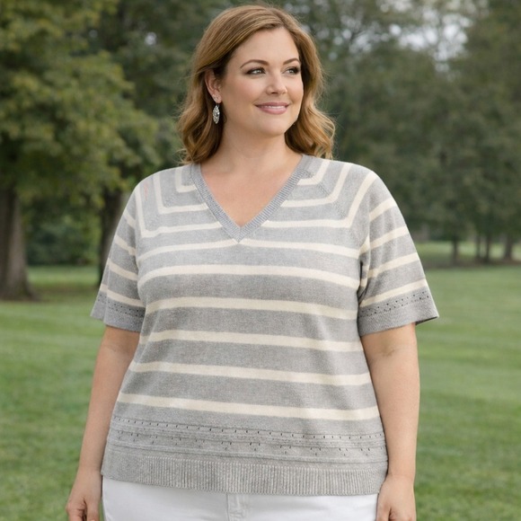 Lane Bryant Sweaters - Lane Bryant Short Sleeve Sweater Top Striped Gray White Lightweight Size 18‎ 20
